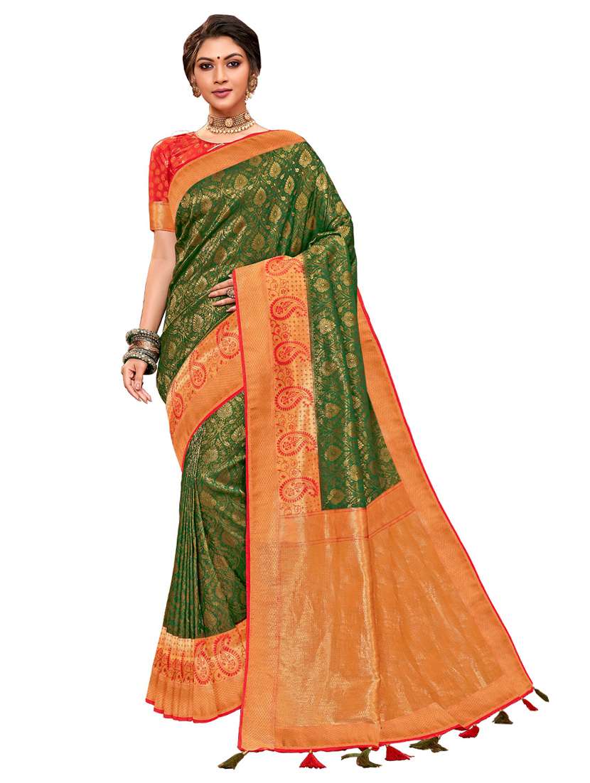 women's self design green colored saree with blouse
