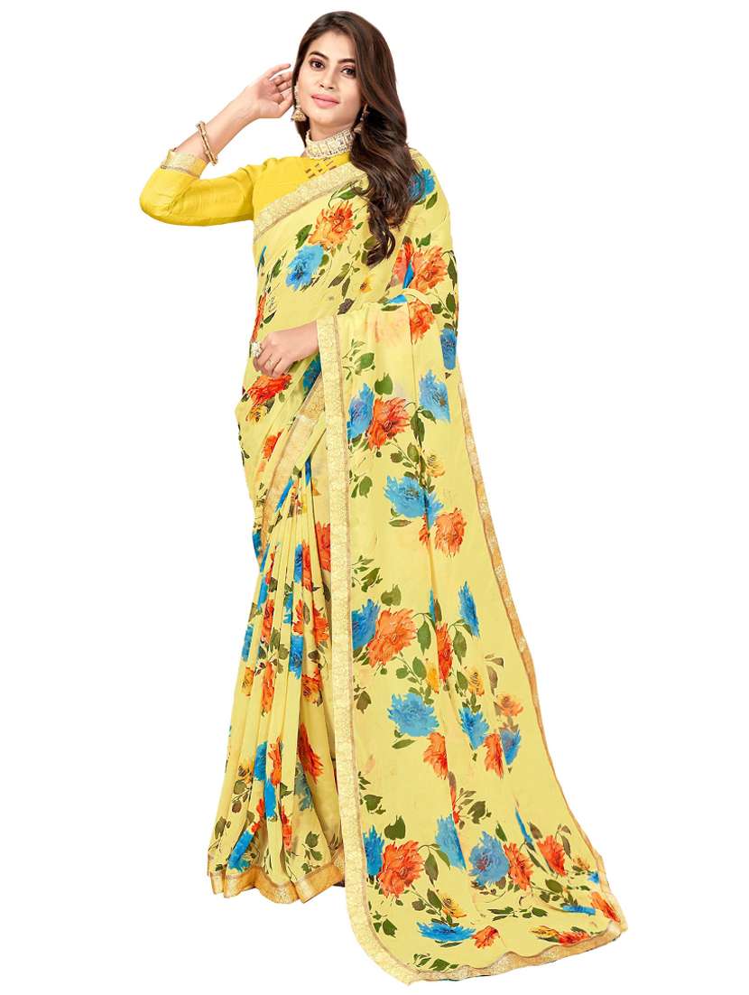 women's floral yellow colored saree with blouse