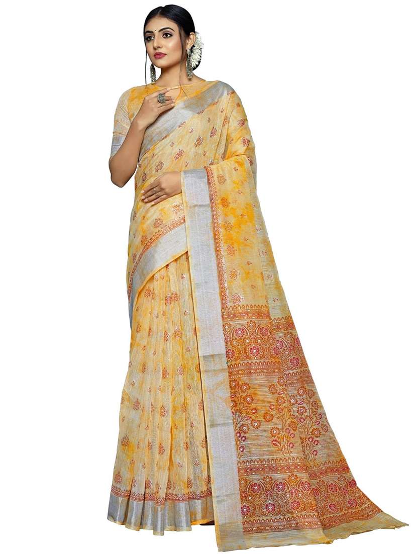 women's printed lemon colored saree with blouse