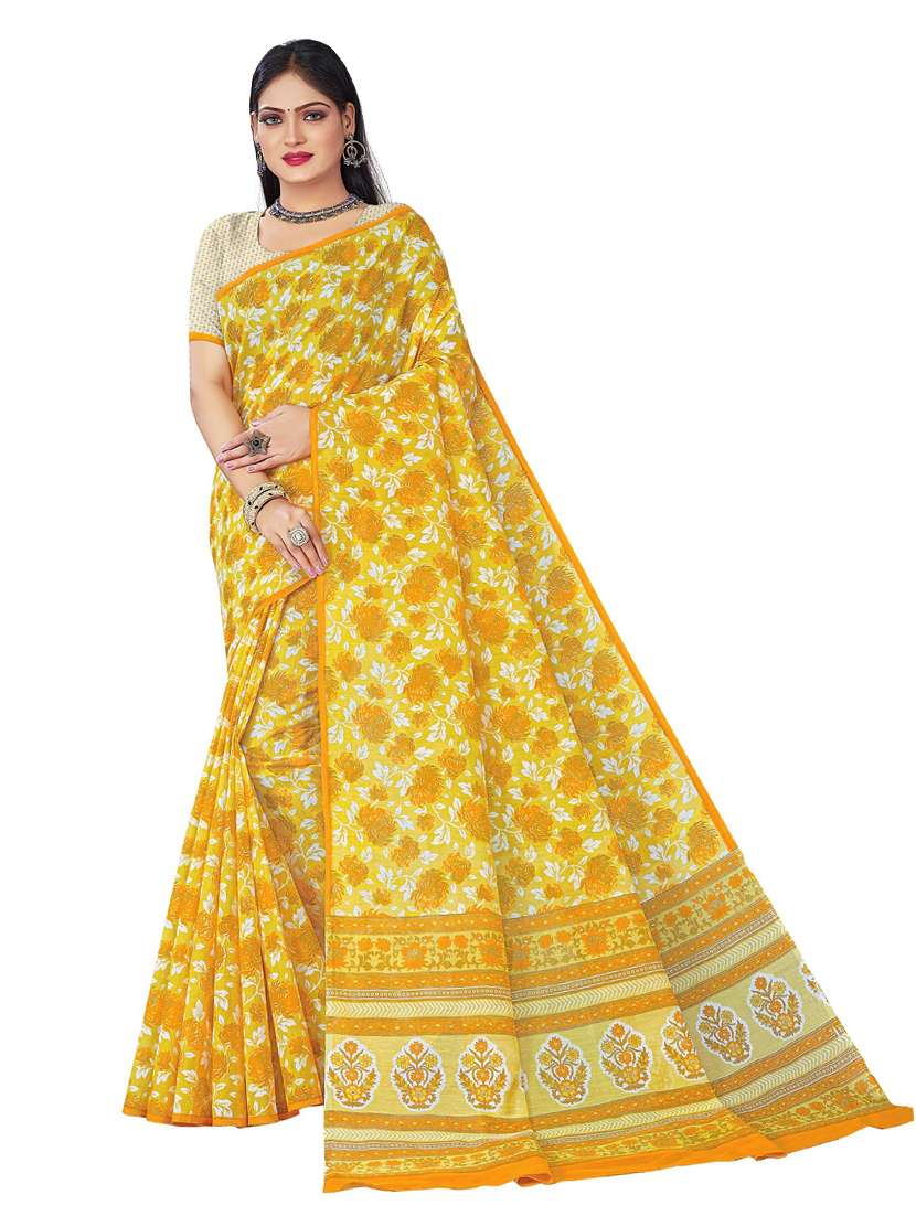 women's printed yellow colored saree with blouse