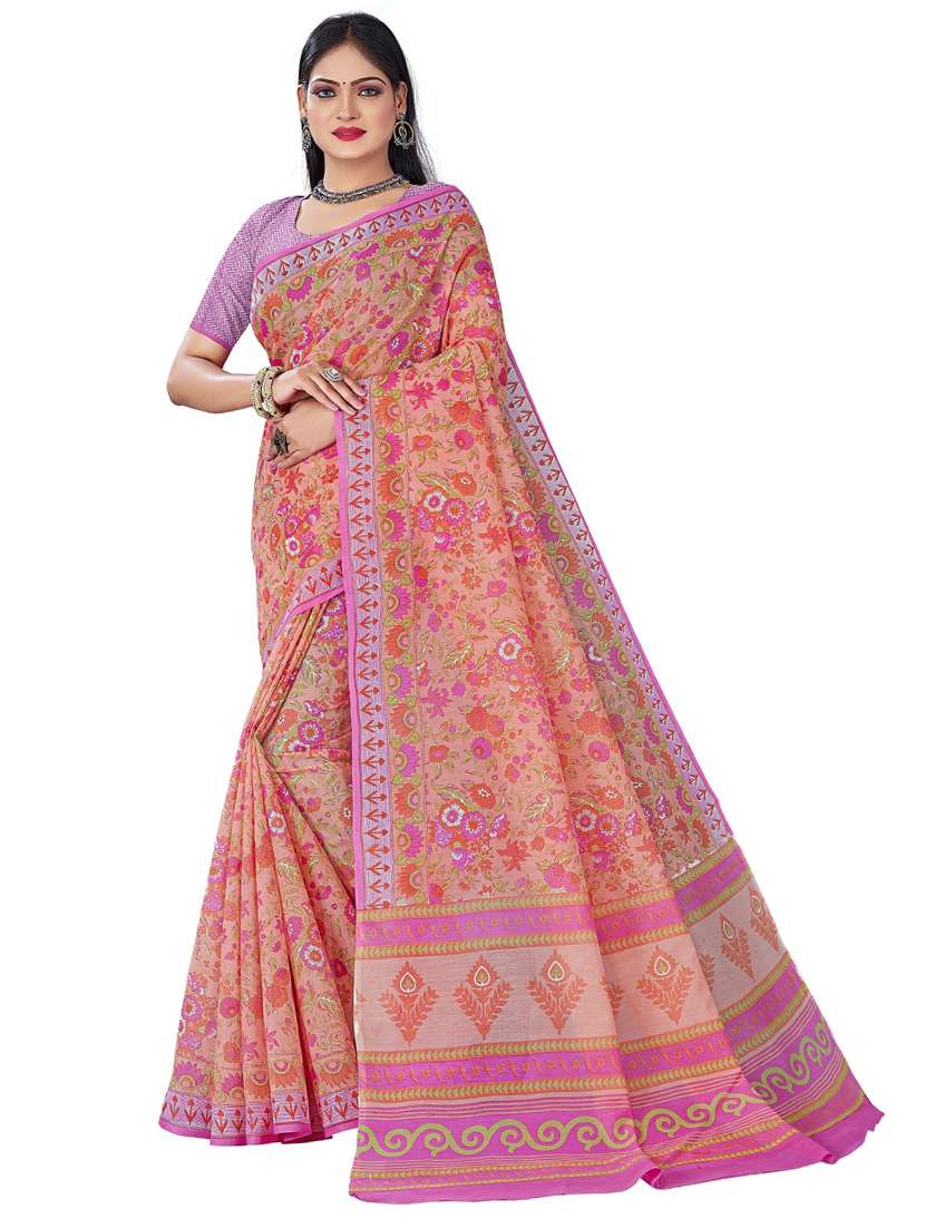 women's floral orange colored saree with blouse