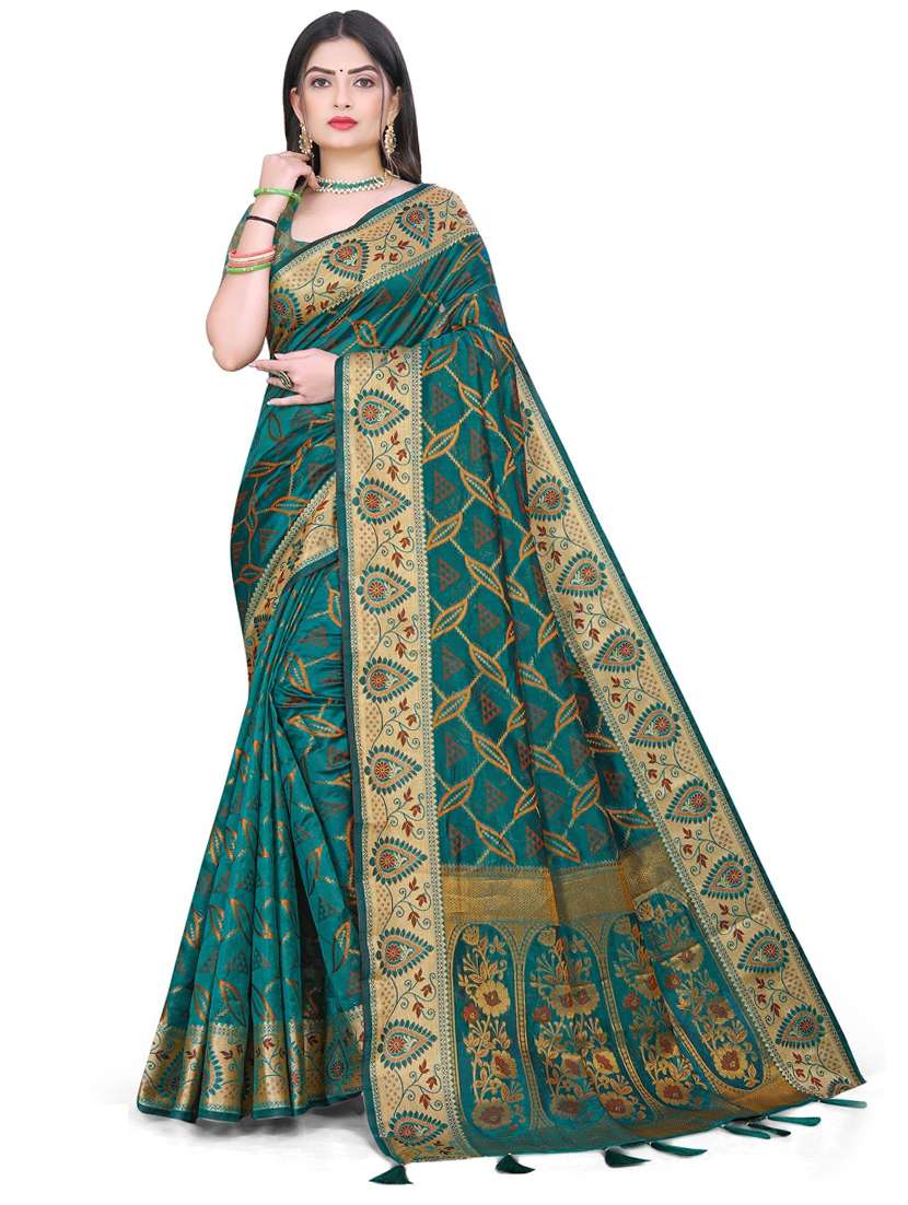 women's self design sea green colored saree with blouse