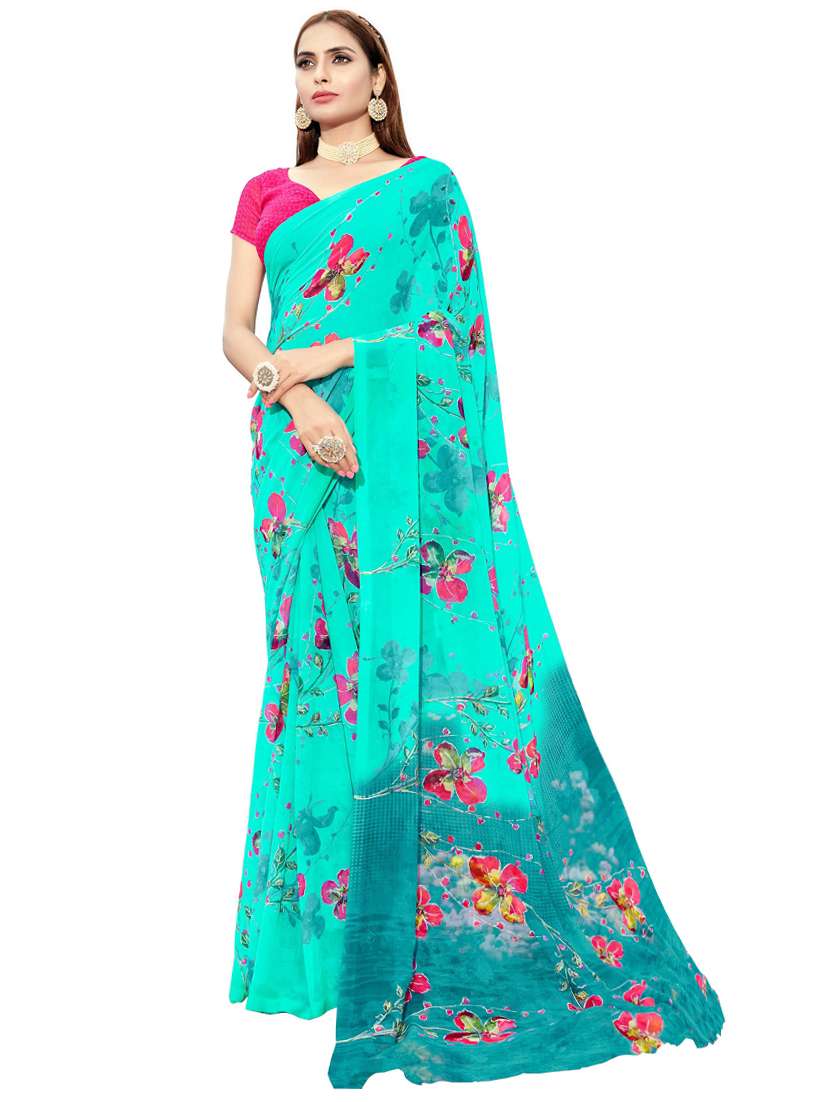 women's floral aqua blue colored saree with blouse