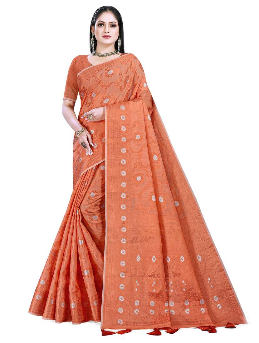 women's self design coral colored saree with blouse
