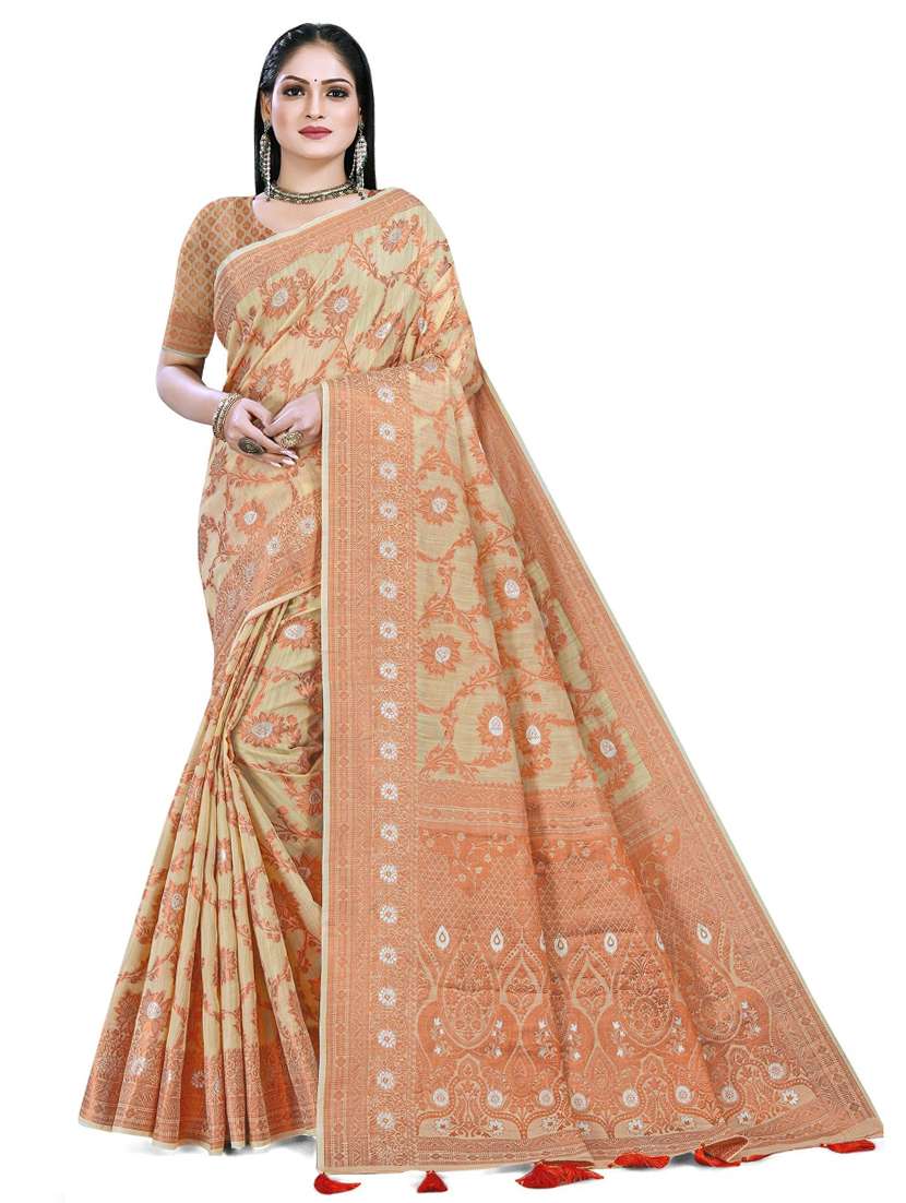 women's floral cream colored saree with blouse
