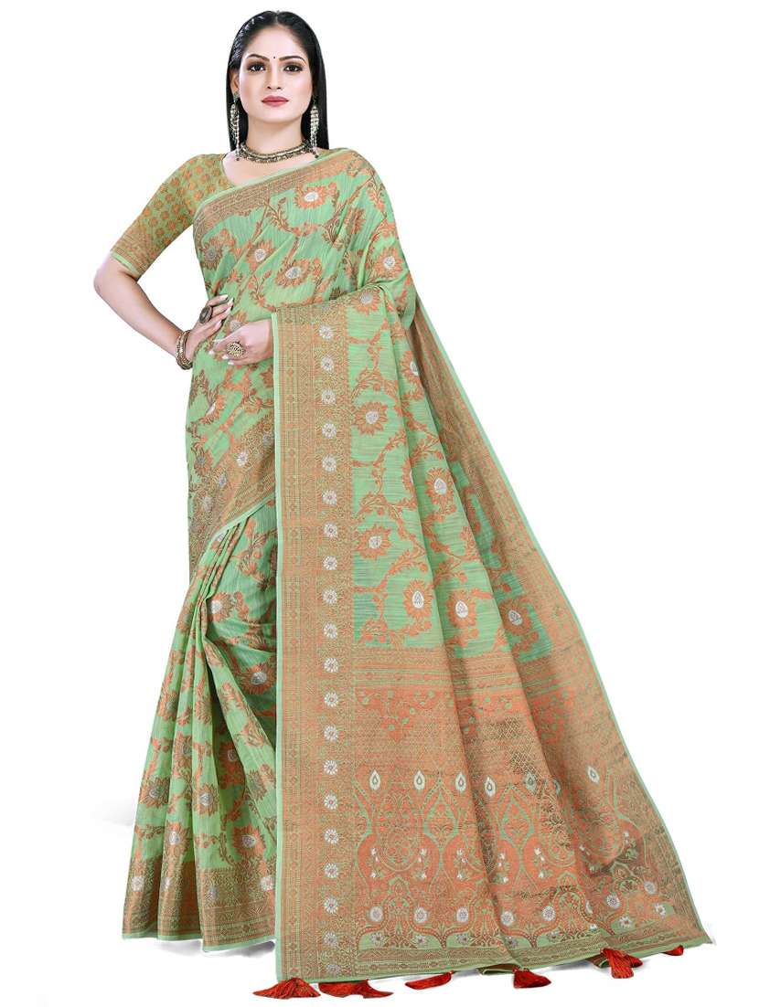 women's floral light green colored saree with blouse