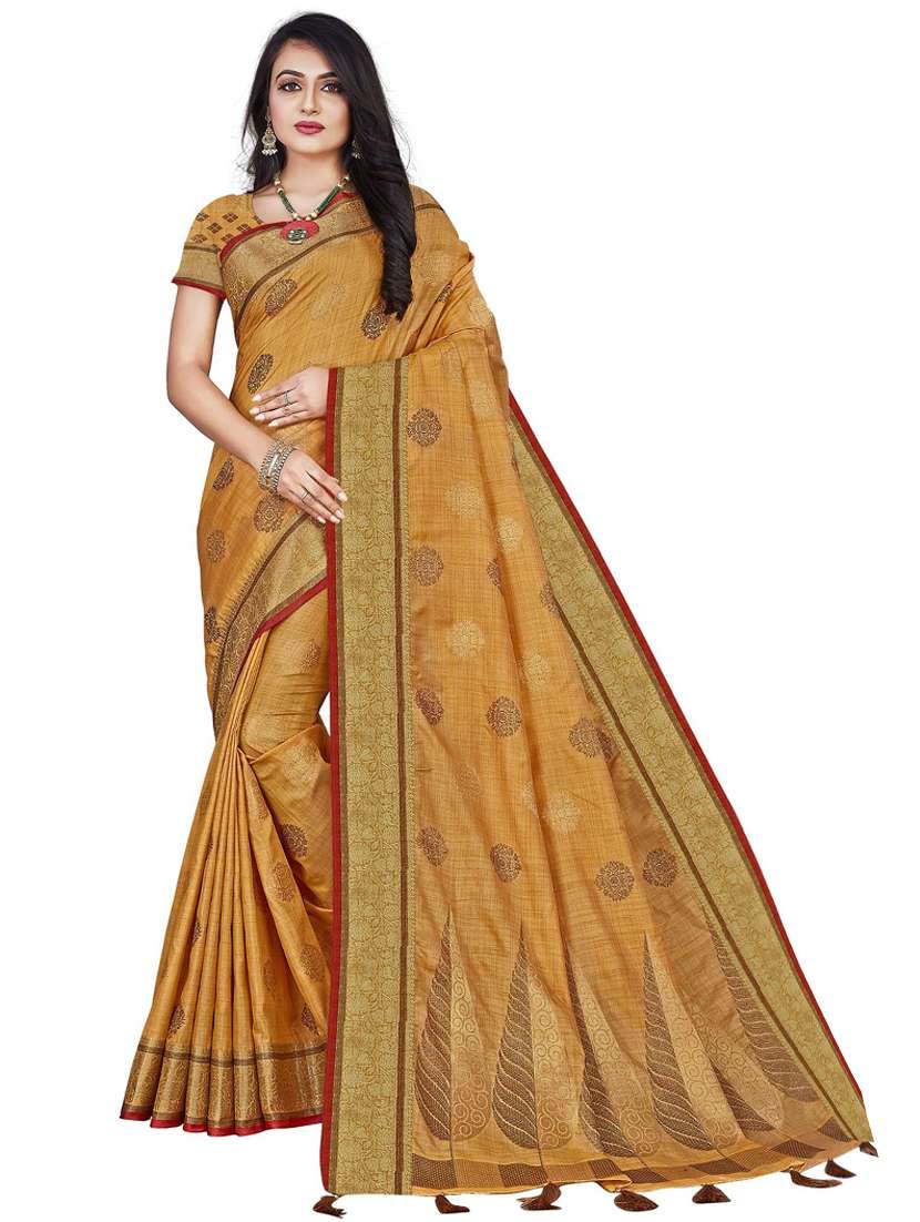 women's self design gold colored saree with blouse