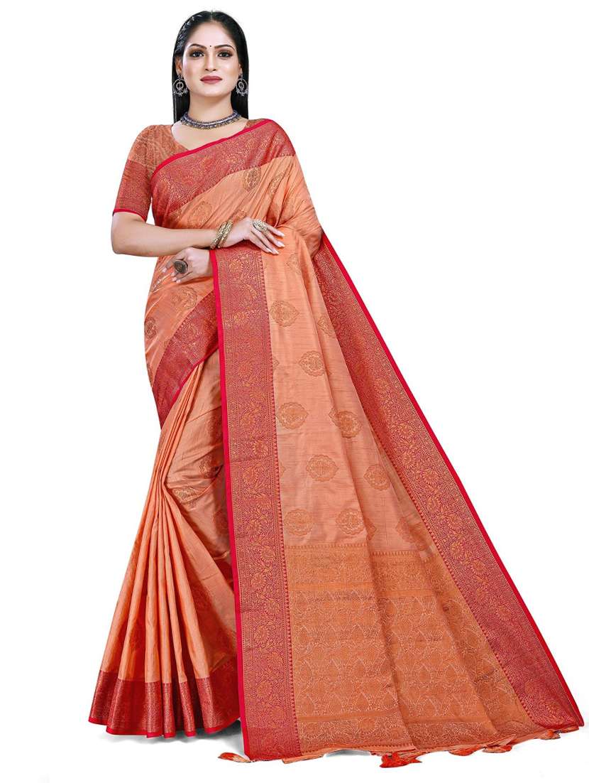 women's self design orange colored saree with blouse