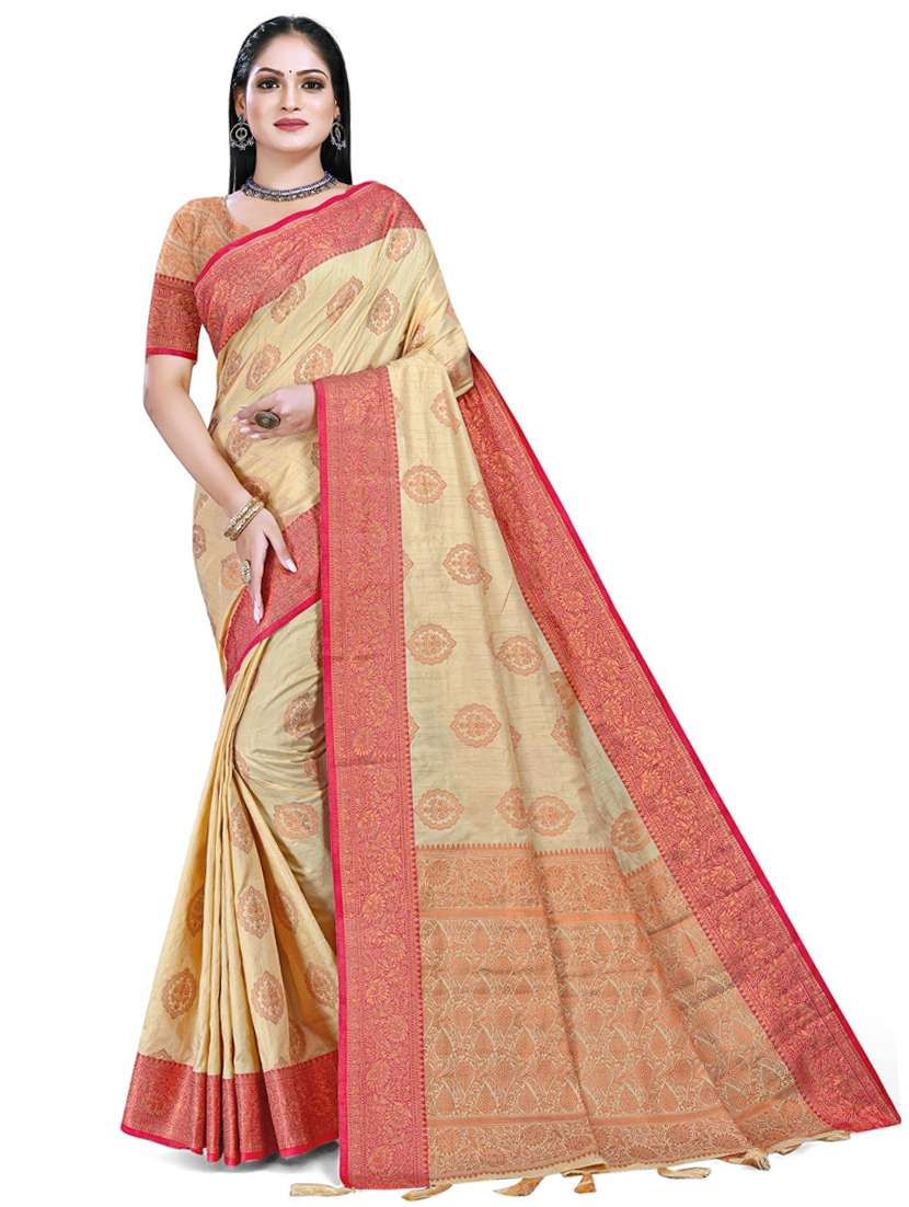 women's self design cream colored saree with blouse