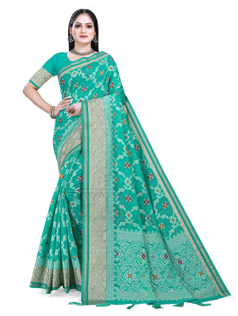 women's self design sea green colored saree with blouse