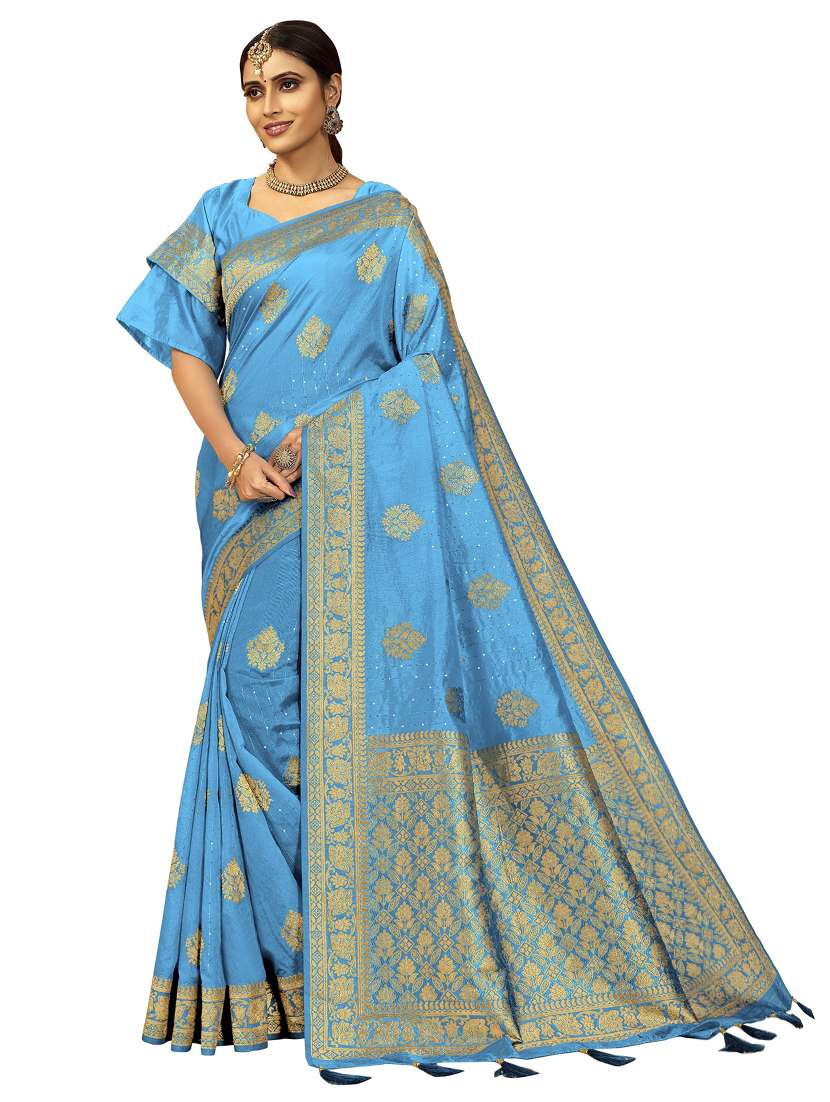 women's self design blue colored saree with blouse