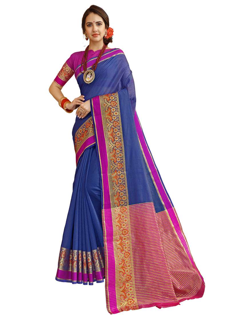 women's self design navy blue colored saree with blouse