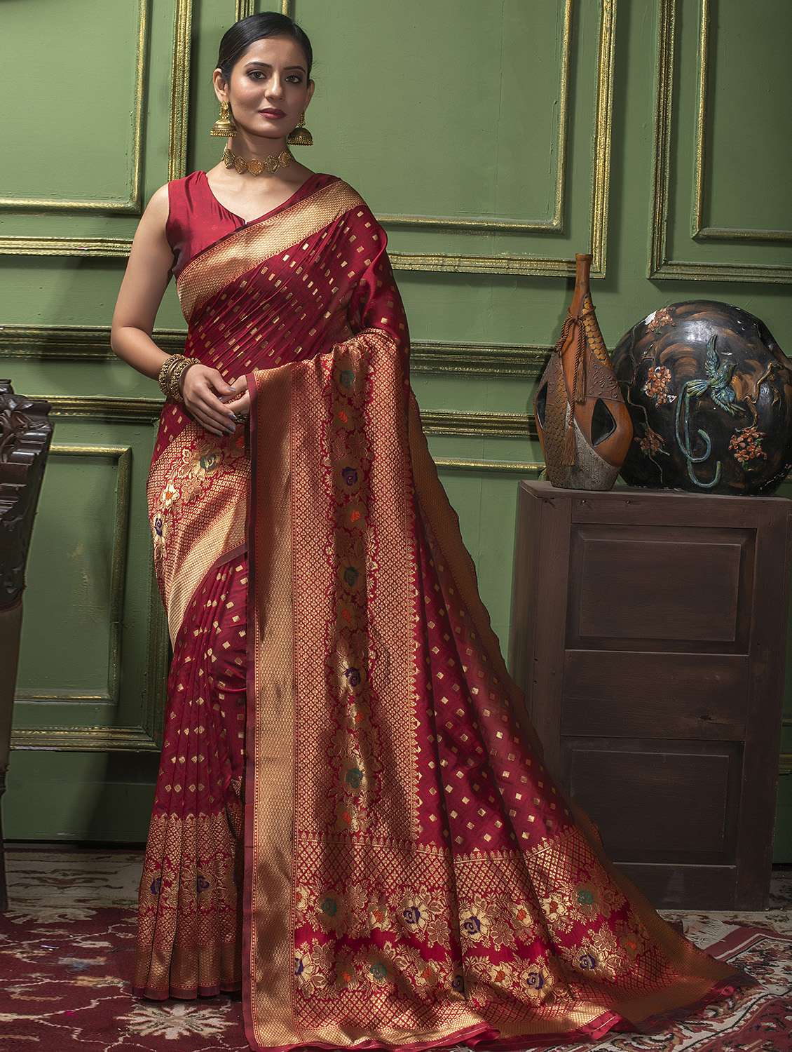 women's self design maroon colored saree with blouse