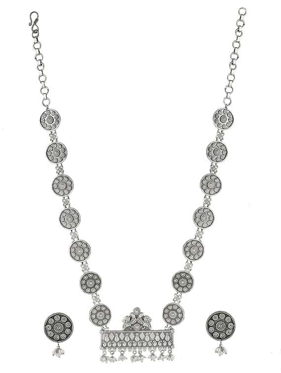 silver brass oxidised long necklaces and earring