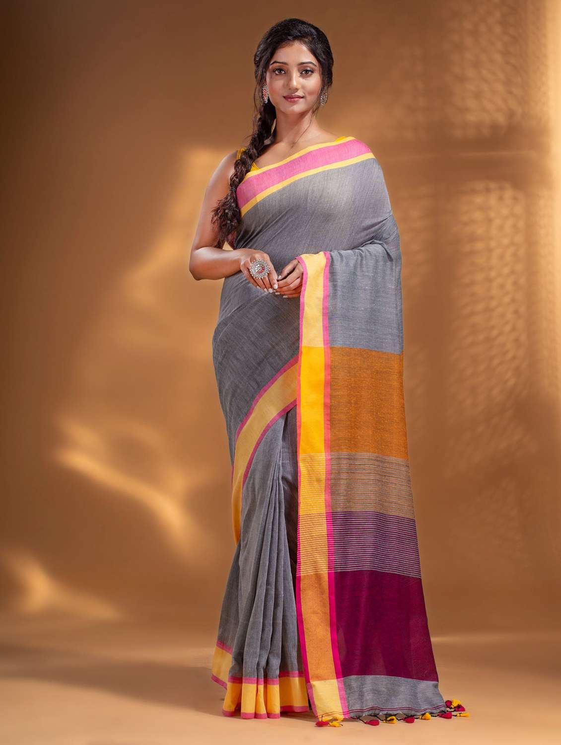 grey self design woven saree with blouse