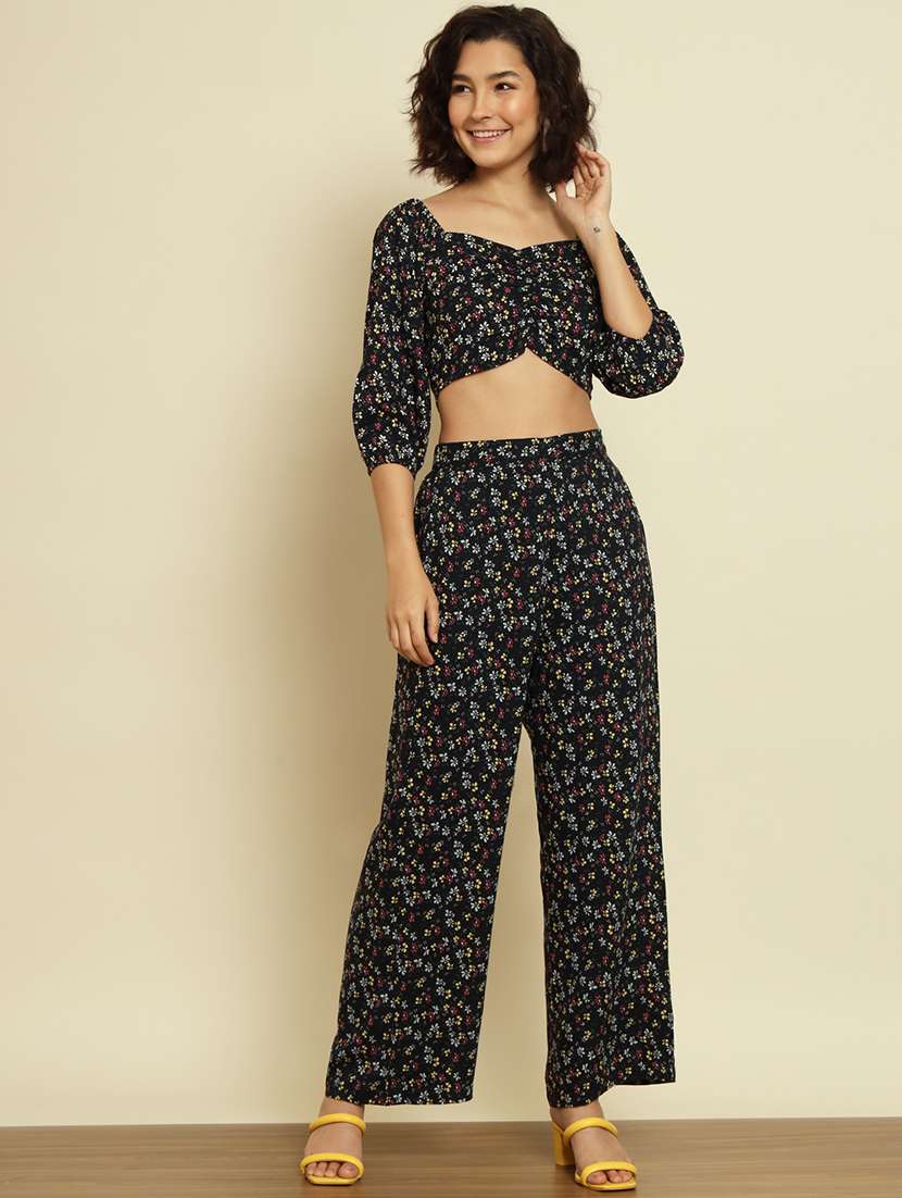 black floral print top and trouser co-ord set