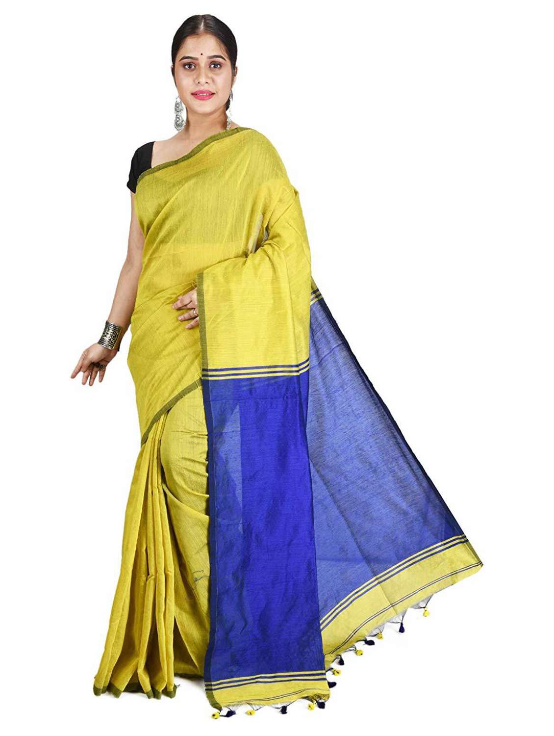 women's color block yellow colored saree with blouse