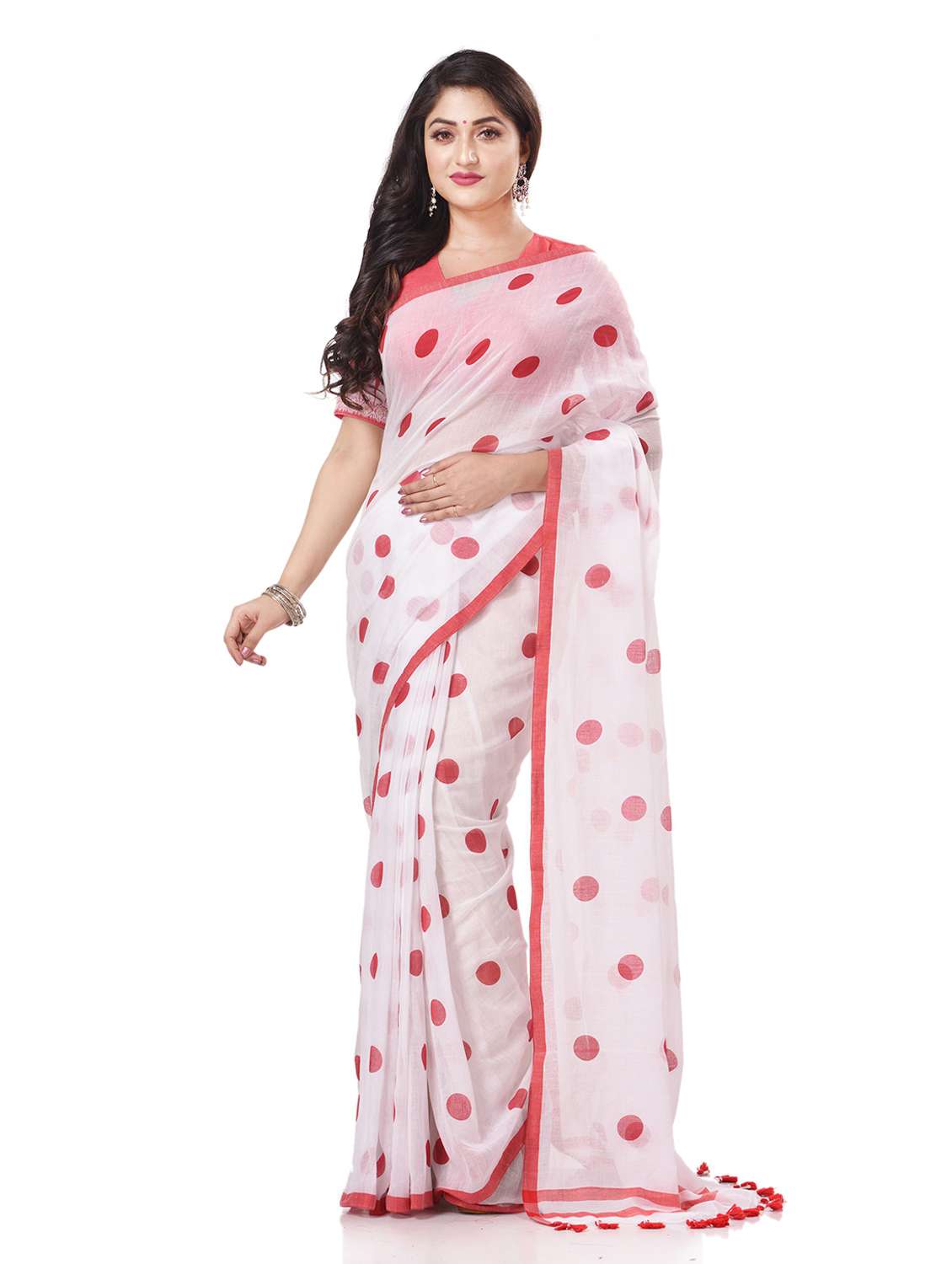 women's polka dots white colored saree with blouse