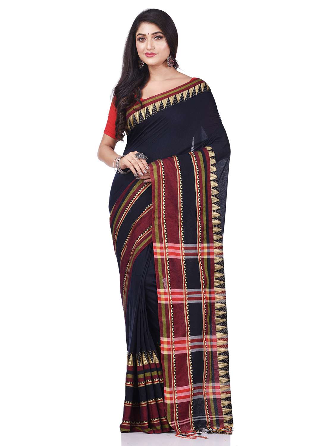 women's self design navy blue colored saree with blouse