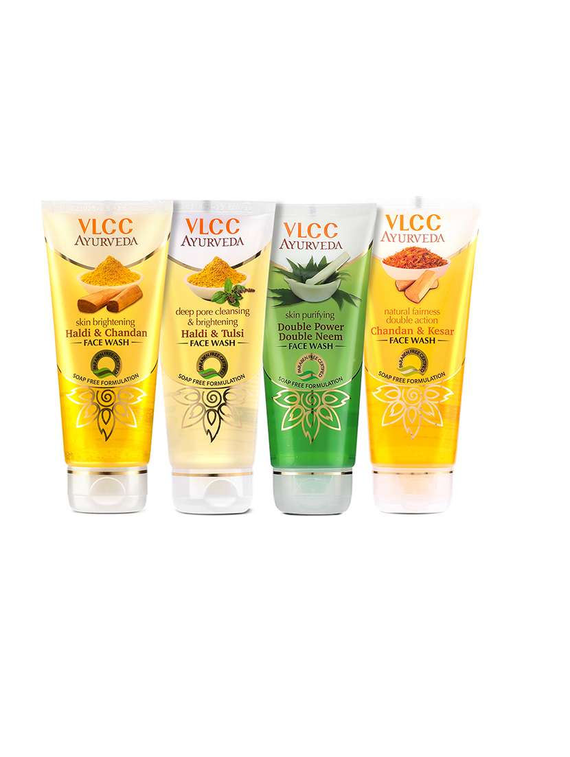 vlcc haldi chandan + haldi tulsi + double neem + chandan kesar facewash -100ml (pack of 4)