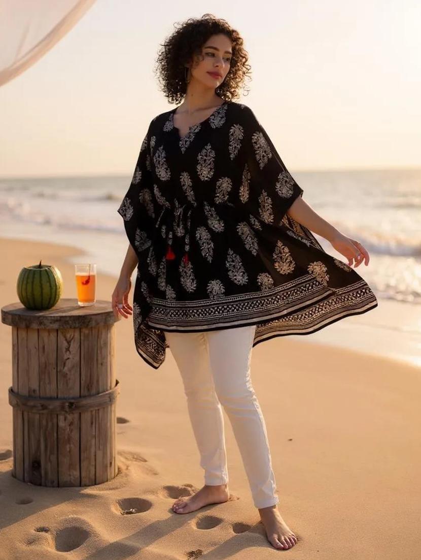 black printed notch neck kaftan
