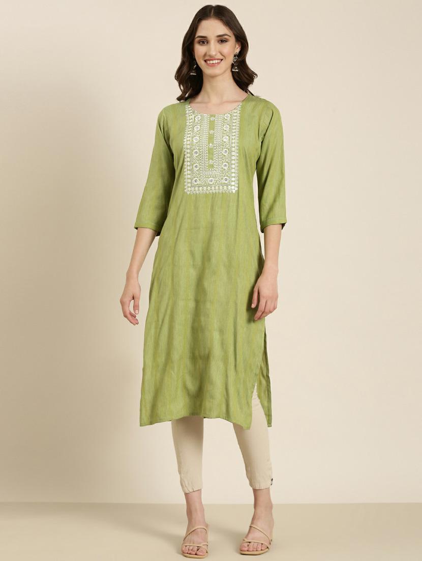 women's green round neck straight kurta