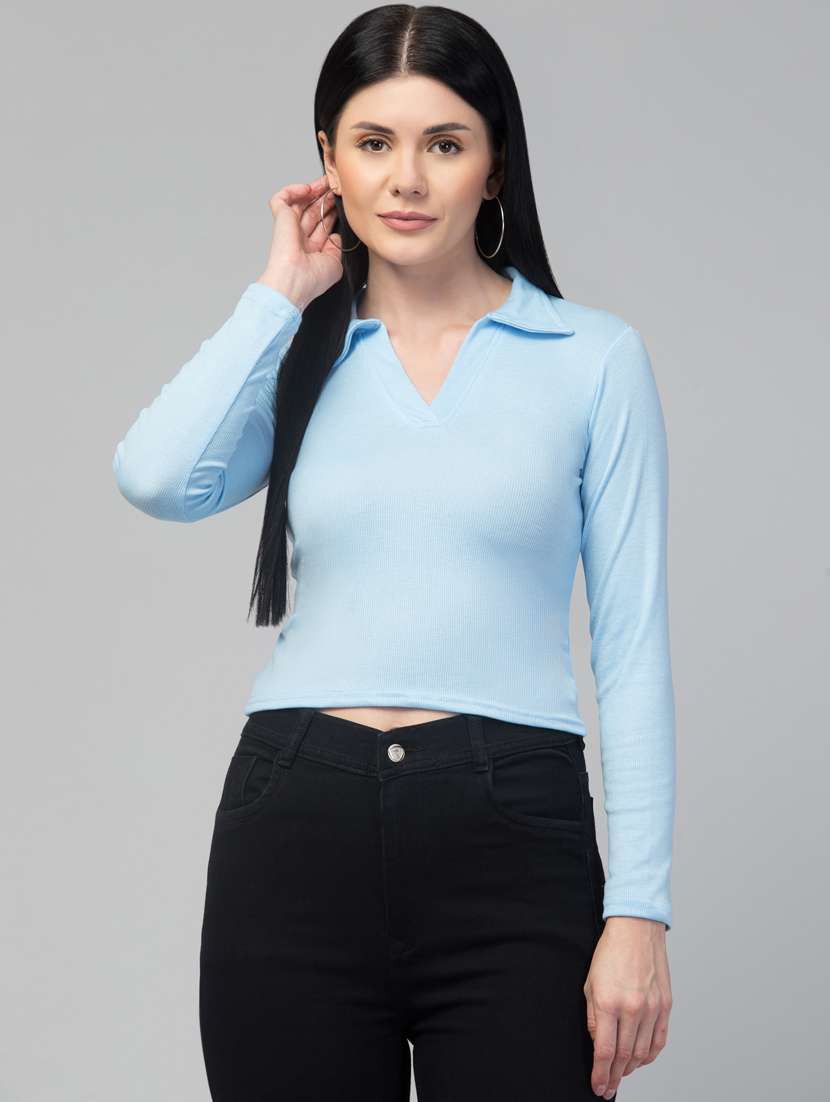 light blue solid shirt collar crop top