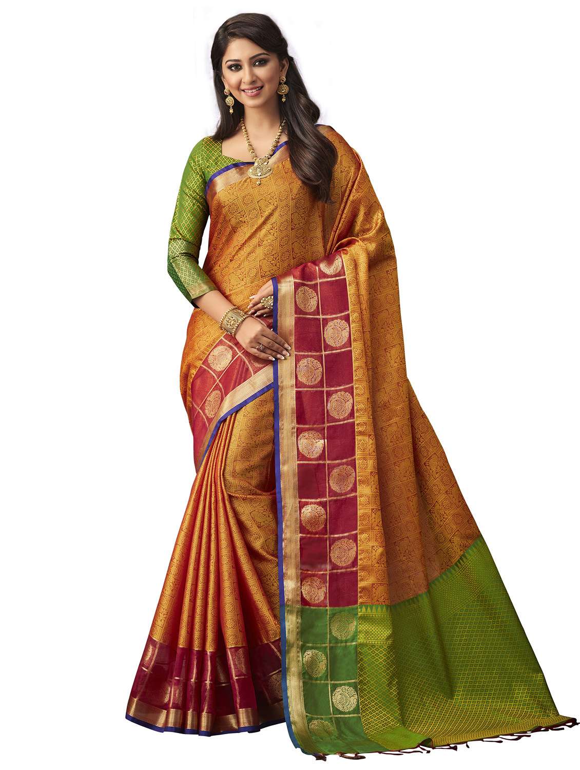 women's self design mustard colored saree with blouse