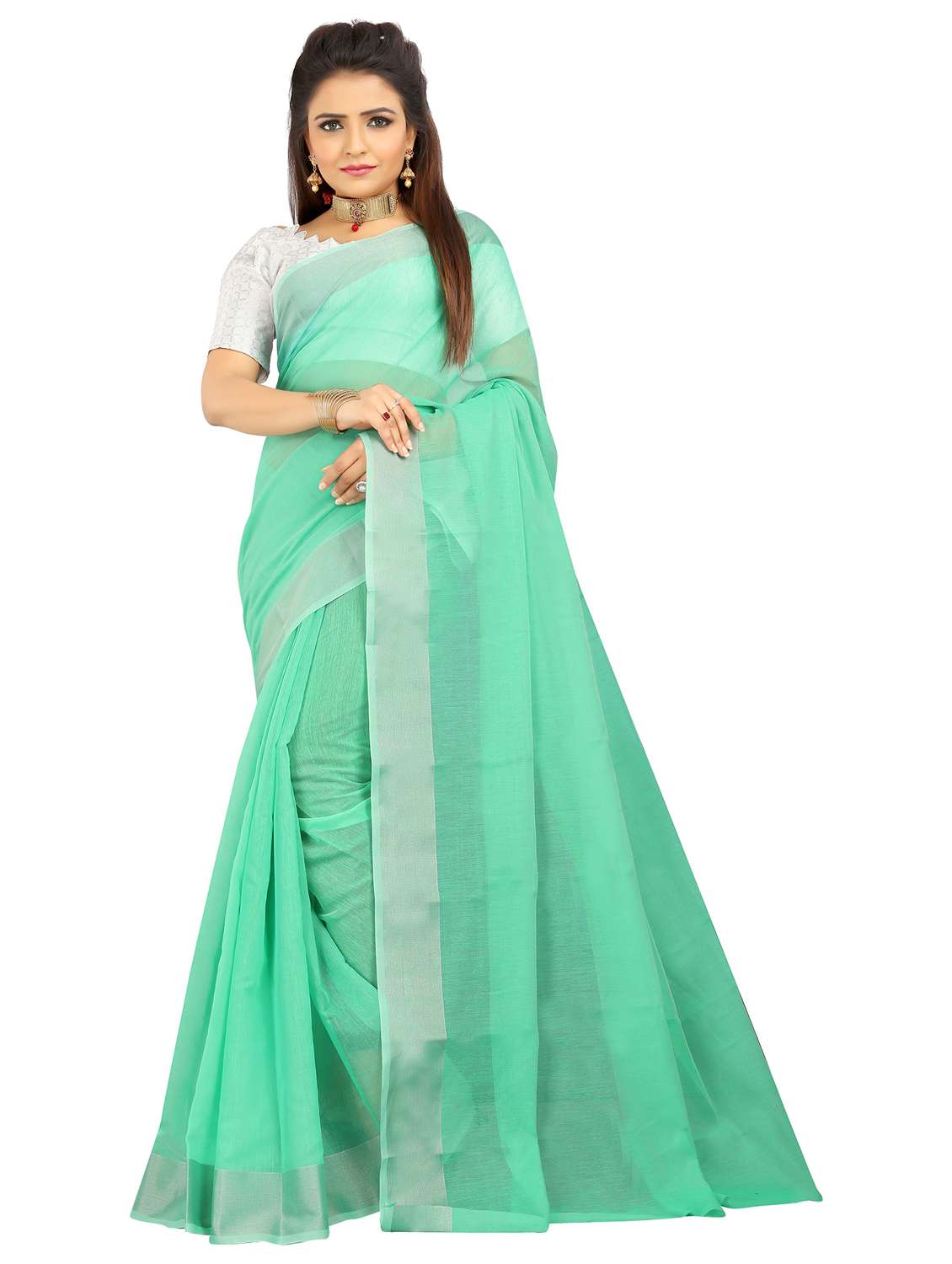 women's bordered sea green colored saree with blouse