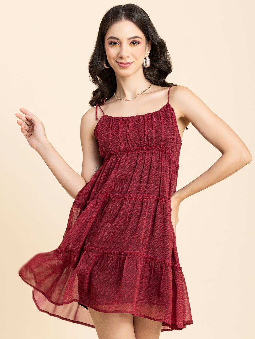 burgundy printed tiered dress