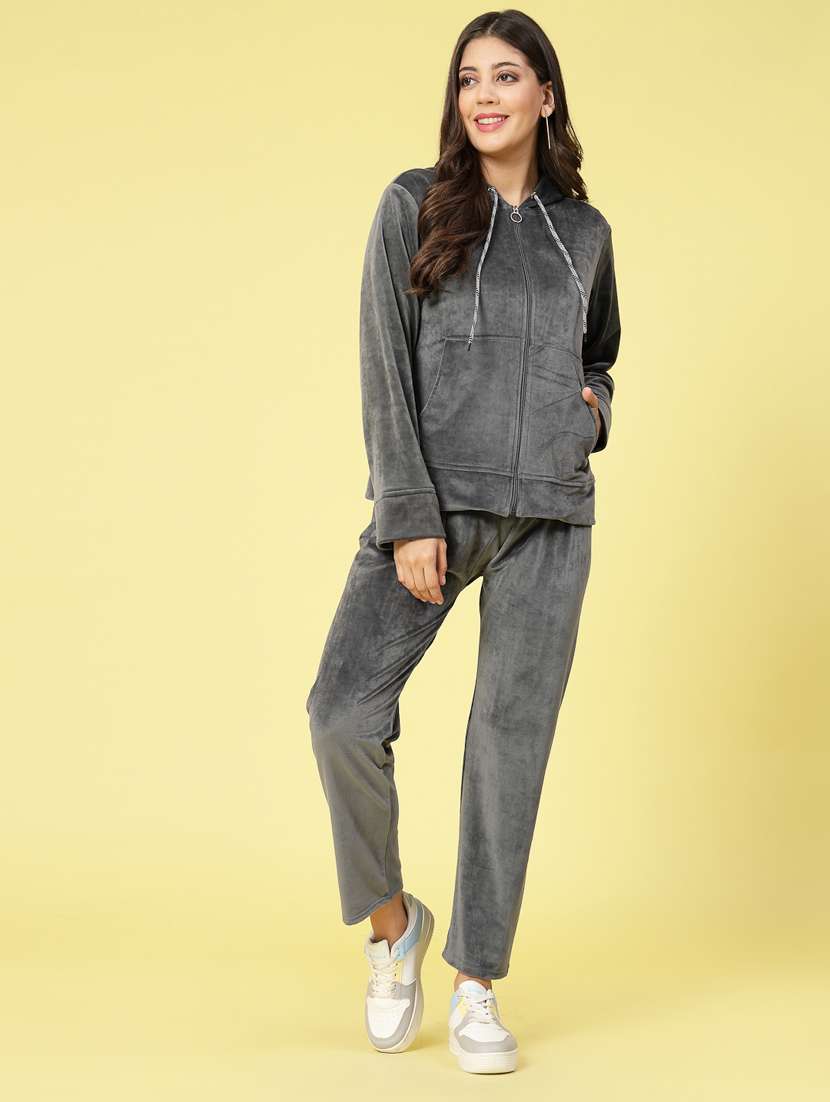 women grey velvet top and trouser co-ord set