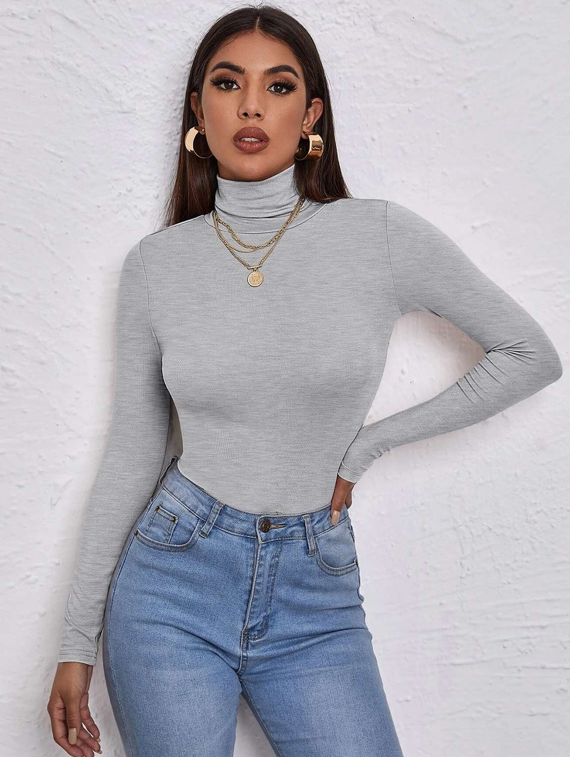 grey melange solid regular top
