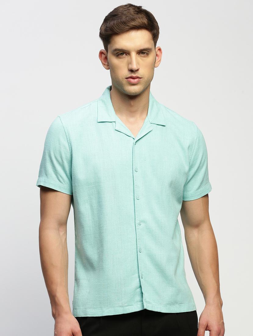 men solid purist blue slim fit cotton blend casual shirt