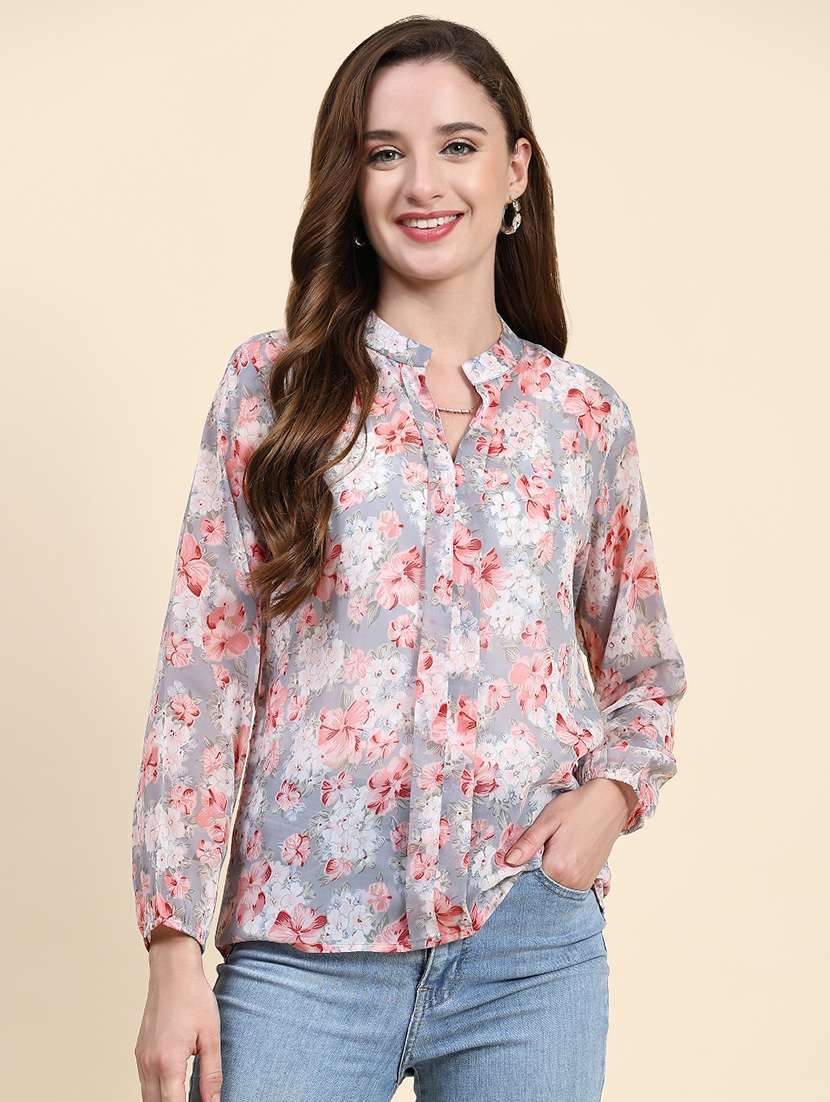 women mandarin neck floral printed regular top