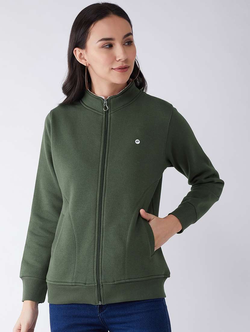 green solid stand collar sweatshirt