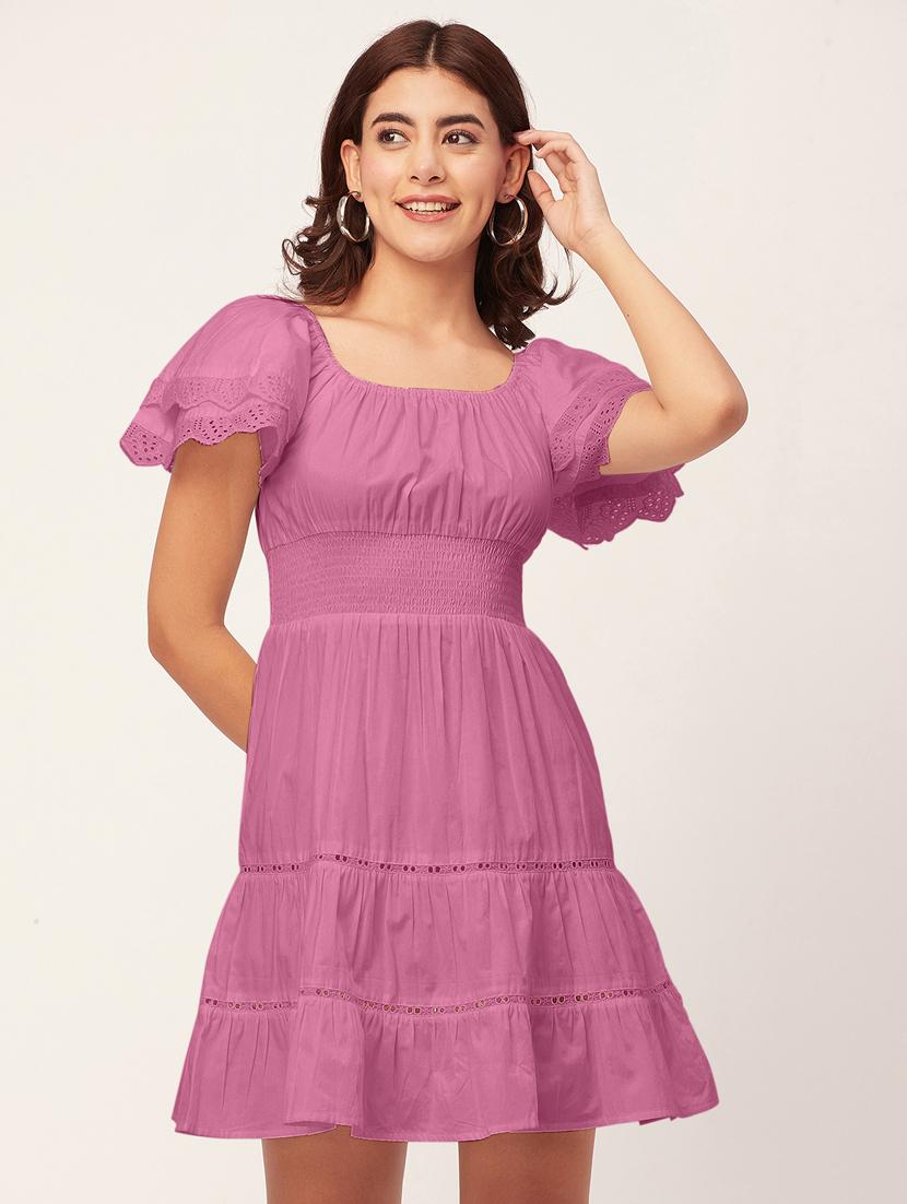 pink self design tiered dress