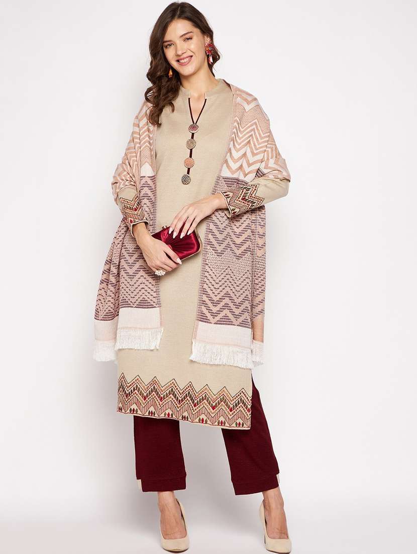 women beige self design long sleeve suit set