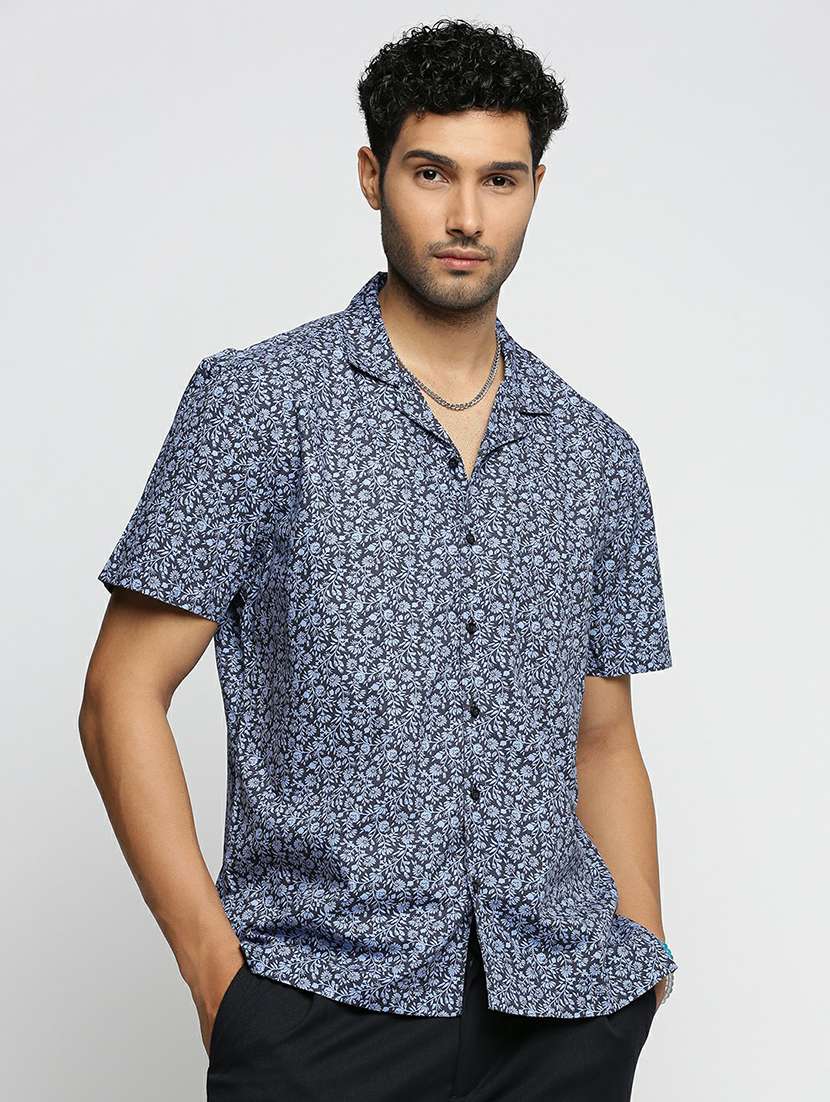 blue cotton blend casual shirt