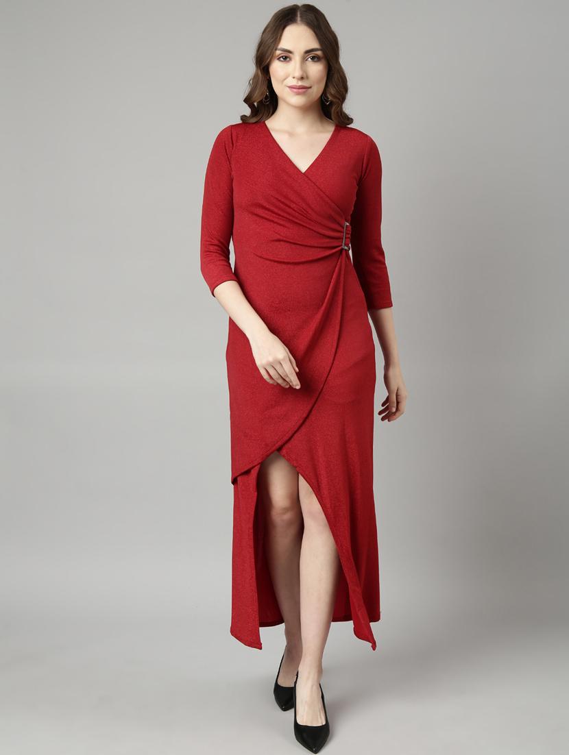 women red solid wrap dress