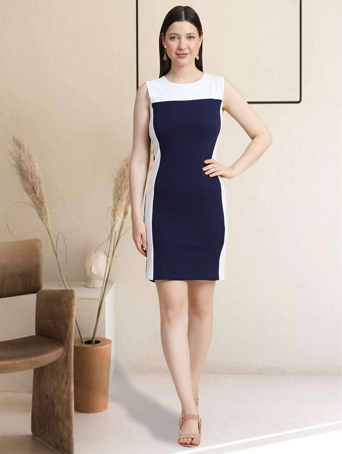 navy blue color block bodycon dress
