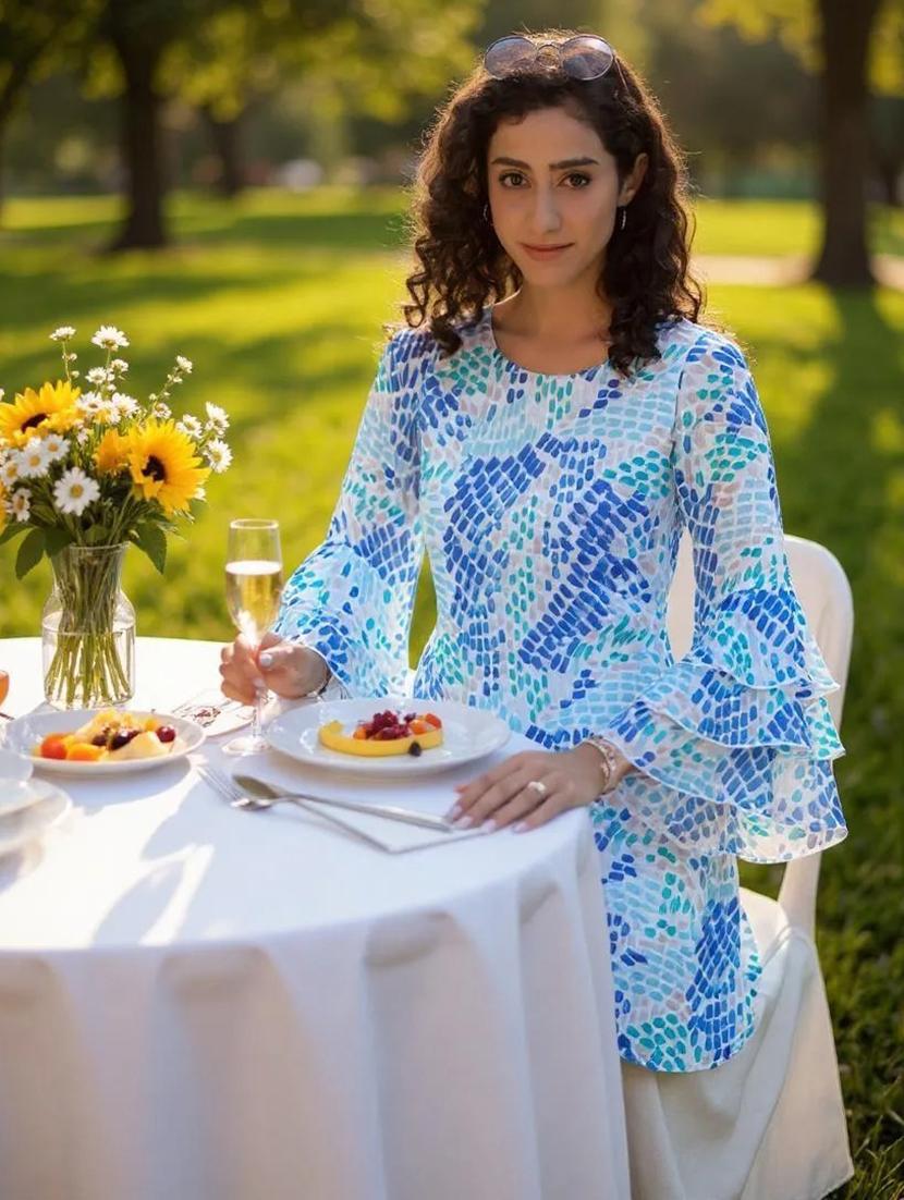 women floral print ruffle sleeeves a-line dress