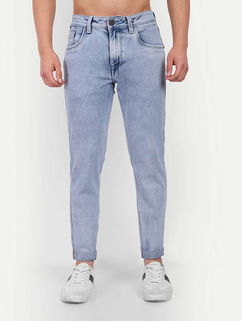 solid light blue cotton blend jeans