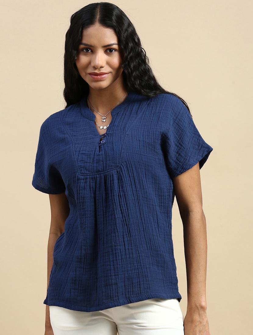 solid navy blue cotton regular top