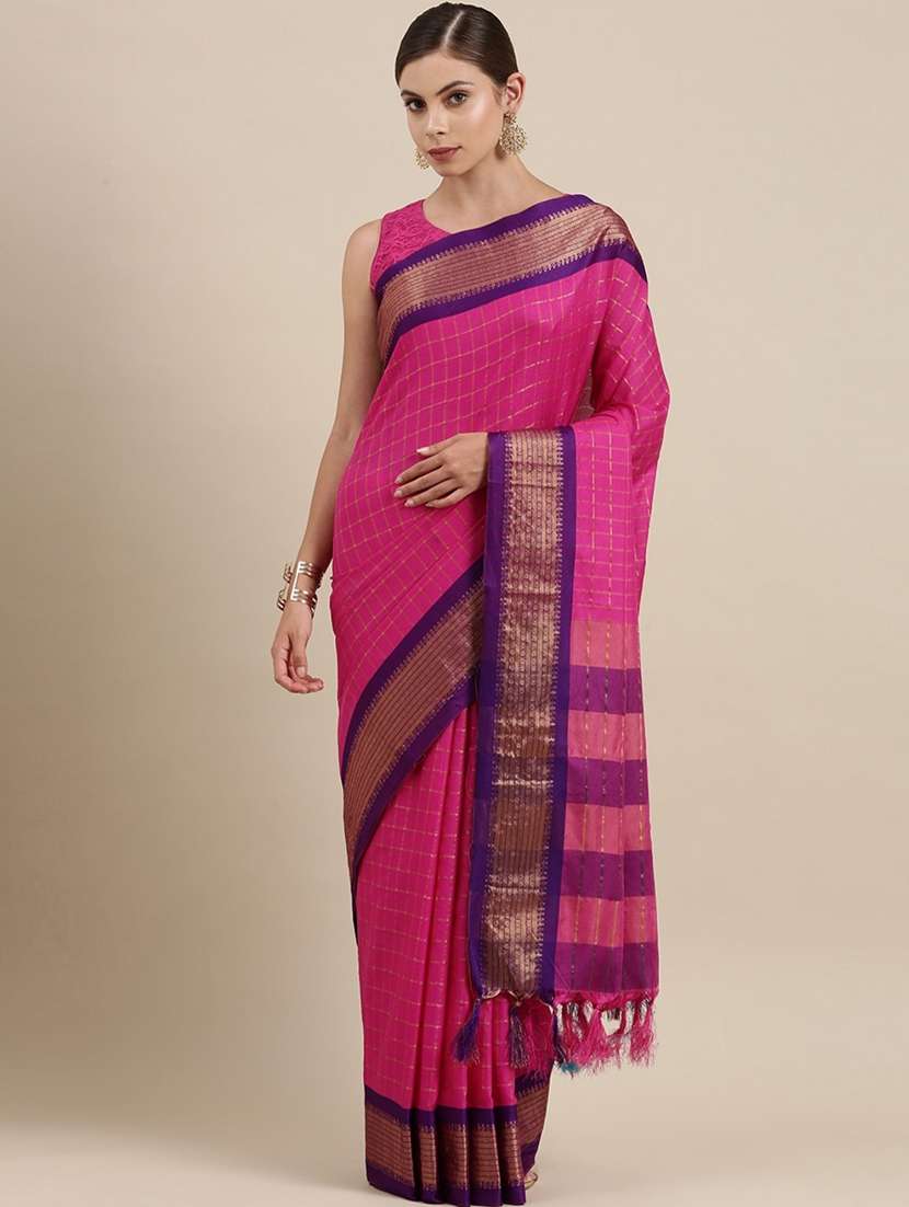 women checkered handloom saree with blouse