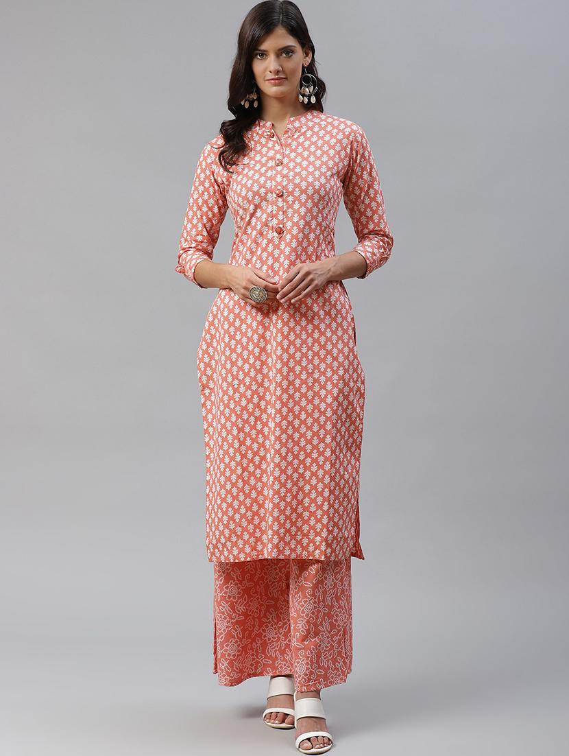 women peach printed kurta palazzo set set