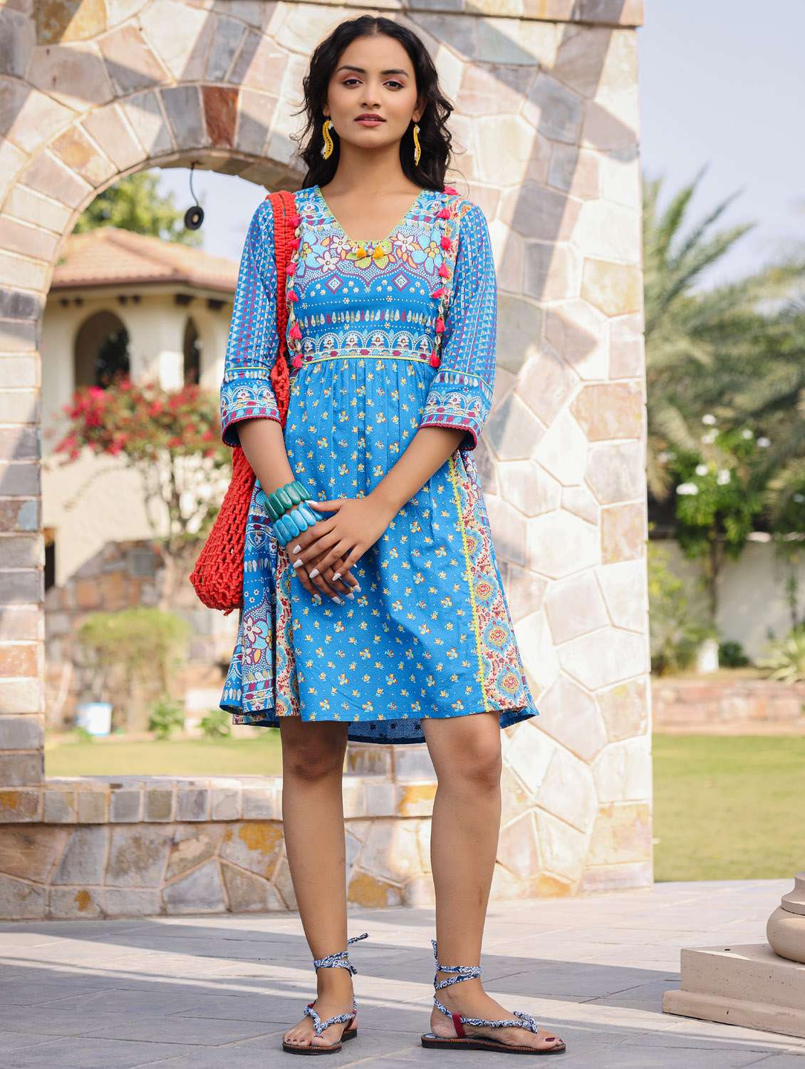 blue floral printed a-line ethnic dress