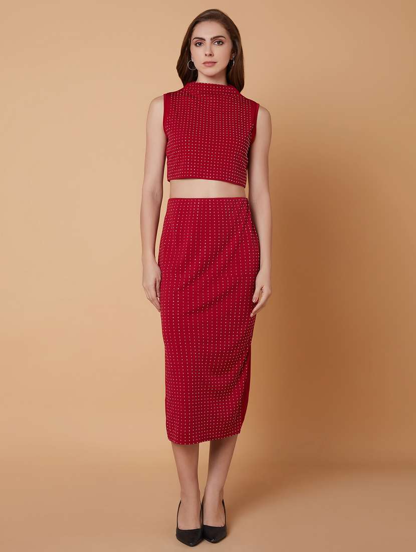 maroon polka dot top and skirt co-ord set