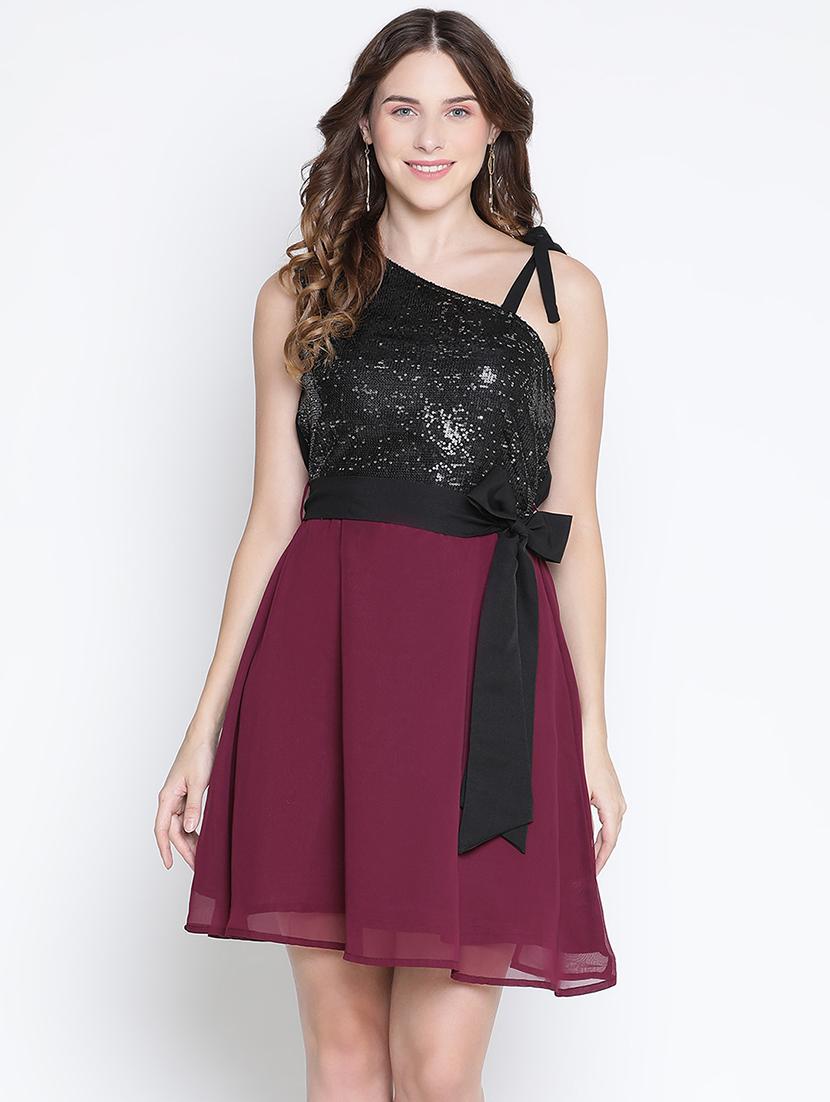 women sequin asymmetric neck fit & flare dress