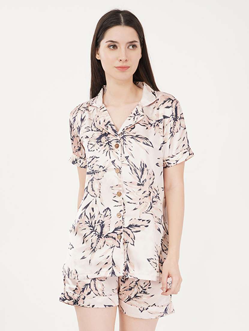 women cream printed satin shorts nightwear set