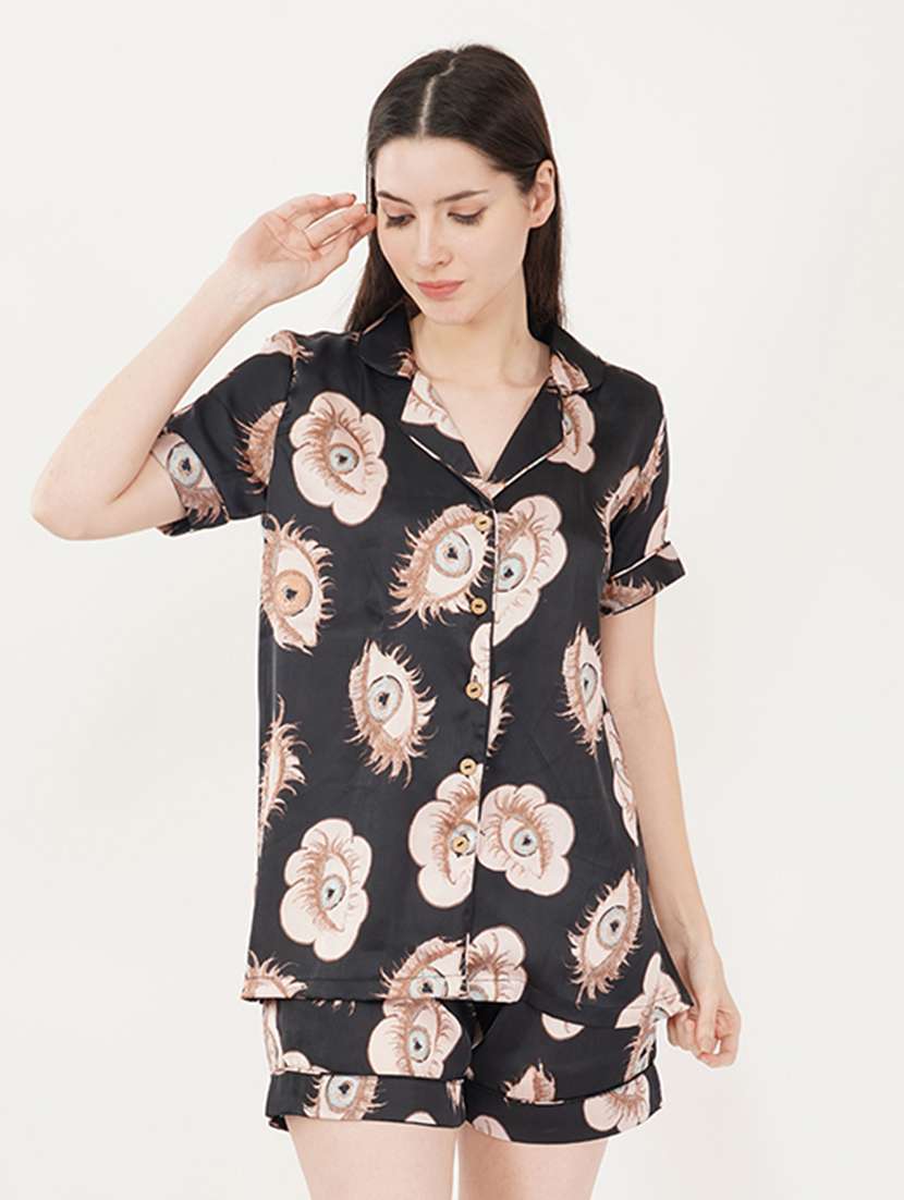 women black printed satin shorts nightwear set